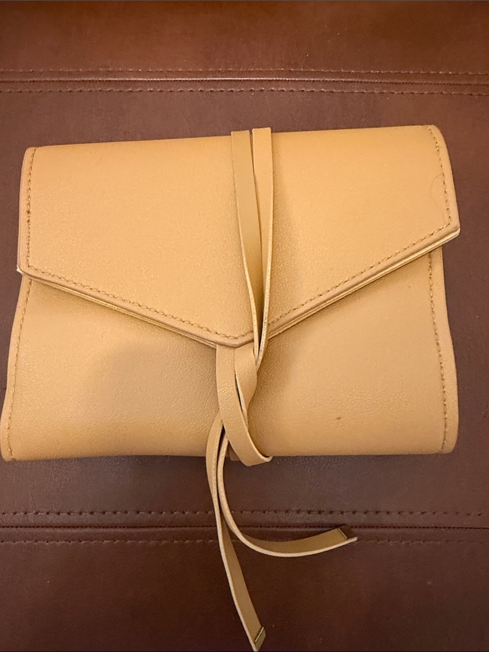 Vegan Leather Tan Envelope Tech Clutch with Wrap Tie